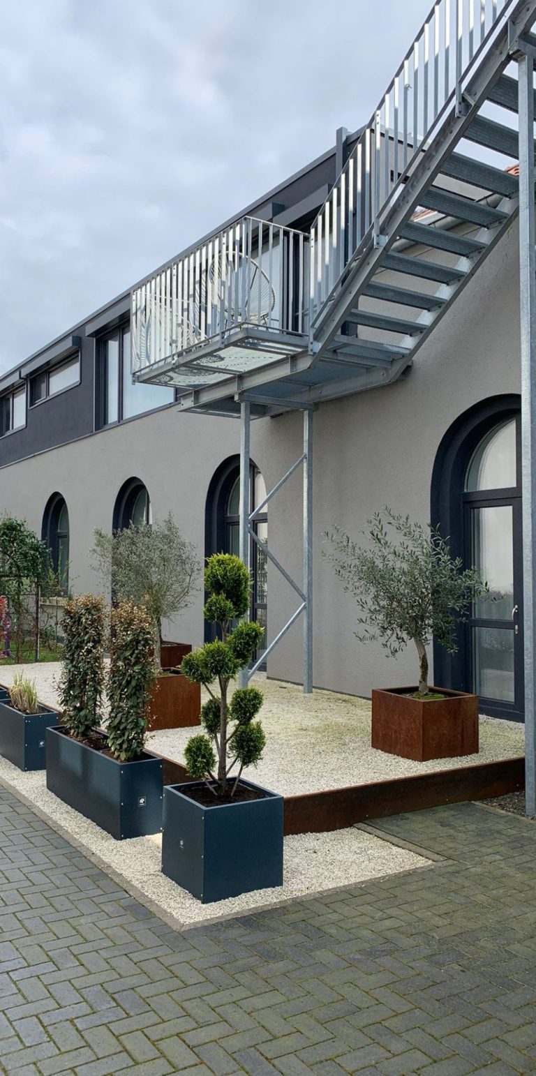 Eingang zu einem modernen Gebäude mit Treppe und bepflanzten Töpfen.